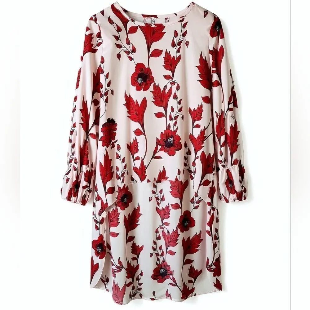 CO Order Plus Women's Floral Red and White Floral Hi Low Dress Size M NWT